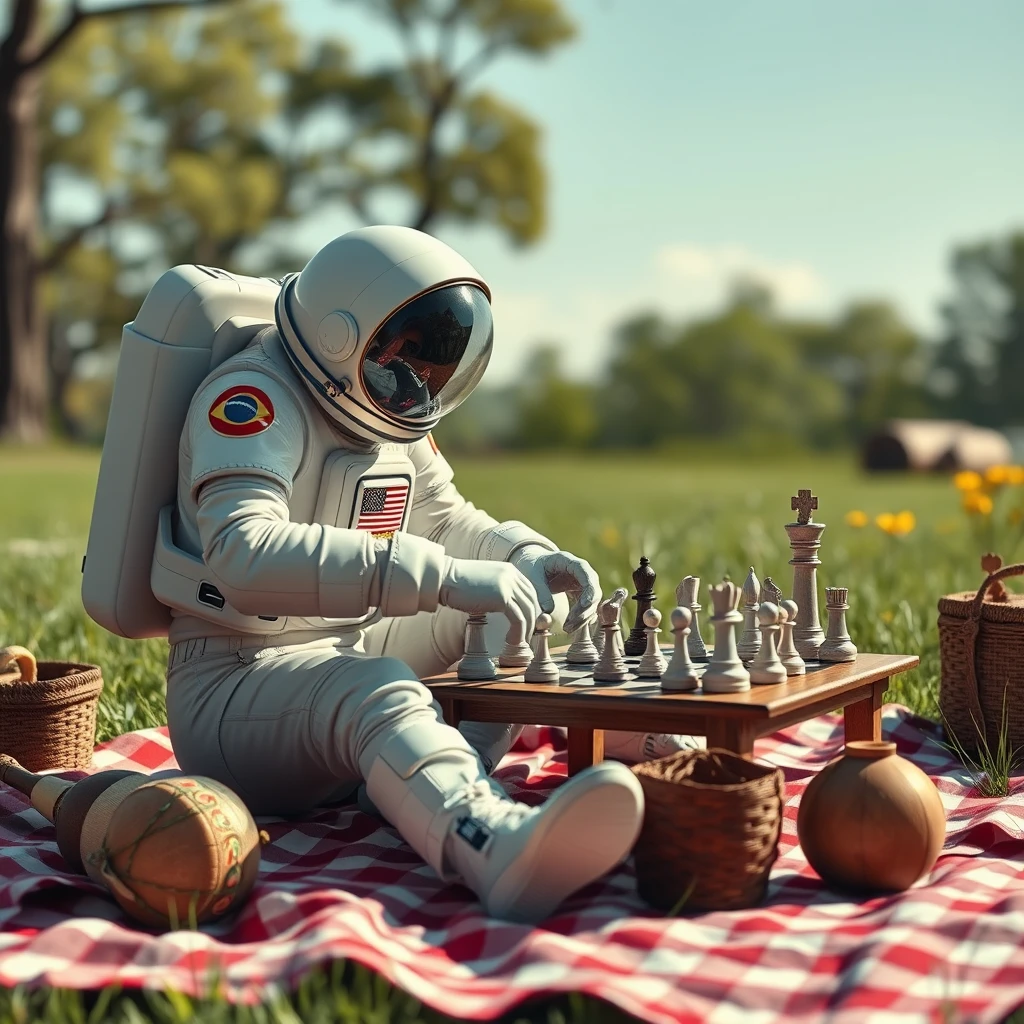 Spaceman playing 3D chess on a picnic - Image