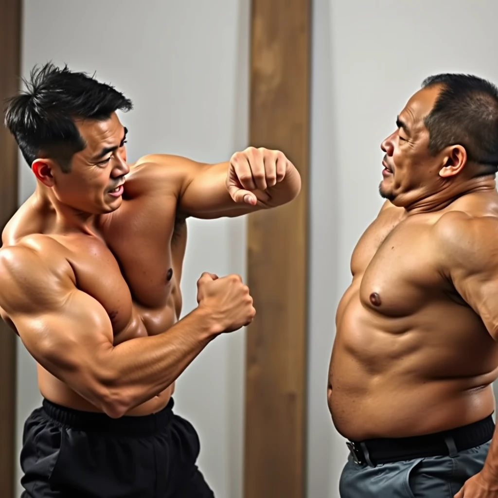 A muscular middle-aged Asian man is punching the stomach of a sturdy Asian man opposite him, his fist sinking deep into the belly. - Image