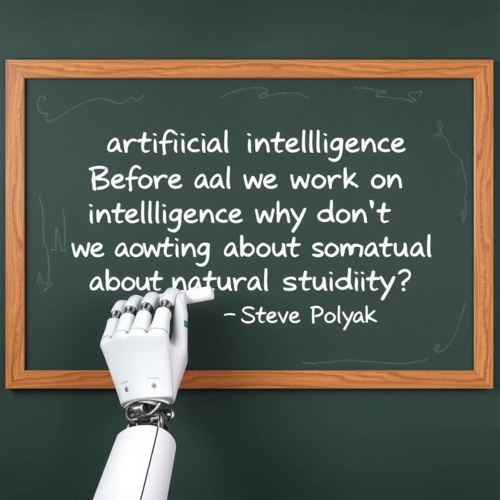 A robotic hand holding a piece of chalk writing with that piece of chalk on a chalkboard with writing on it that says “Before we work on artificial intelligence why don’t we do something about natural stupidity?”

—Steve Polyak, on a classroom style chalkboard - Image