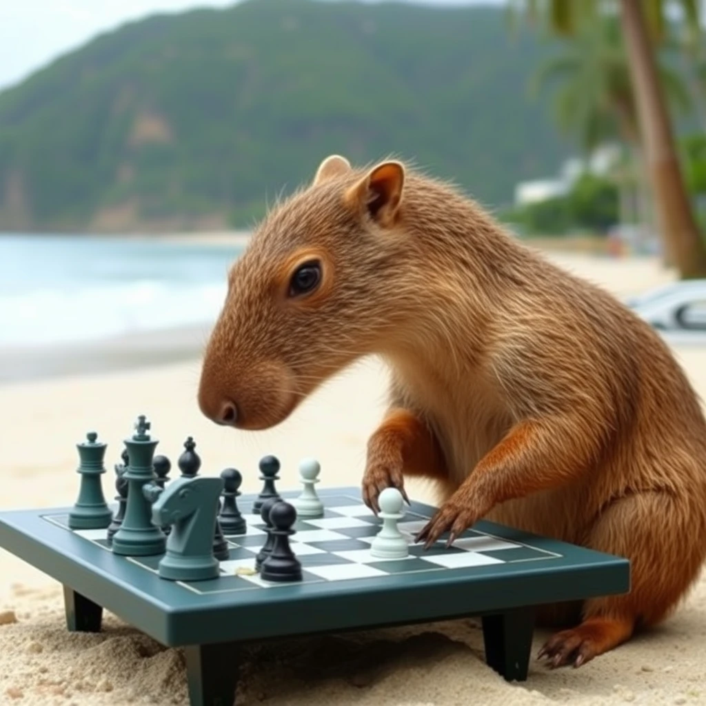 Capybara playing chess in Rio de Janeiro, with a beach in its background.