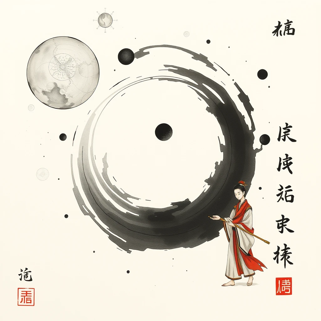 Ink-brushed celestial bodies, Yin-Yang symbol, ancient Chinese characters from "I Ching," human figures in traditional attire, cosmic-civilization connection, water-ink textures.