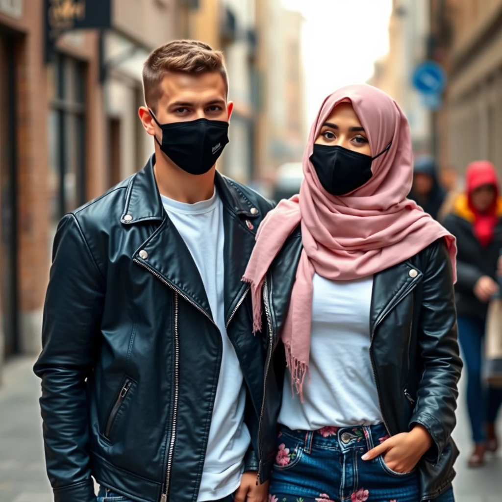 Jamie Dornan's face, hair and body shot, handsome, young, shaved, white T-shirt, blue jacket, jeans, dating love with biggest soft pink hijab, black leather jacket, black face mask, biggest floral skirt, hyper realistic, street photography. - Image