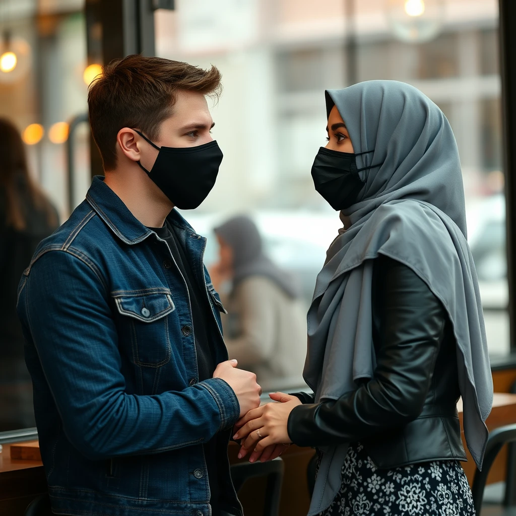 Jamie Dornan's head and body shot, handsome, face mask black, blue jeans jacket, jeans, dating, love couple with biggest grey hijab Muslim girl, beautiful eyes, face mask black, black leather jacket, biggest pattern skirt, talking at cafe, photorealistic.