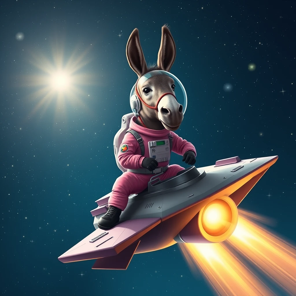 An ambitious donkey wearing pink astronaut costume, riding on a stunning spaceship, flying to the outerspace under a clear night sky with lots of shining stars. Realistic style. - Image