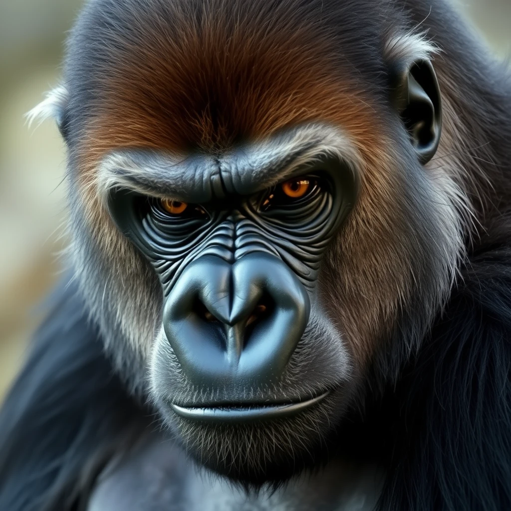 'gorilla with a serious face, close-up with bangs as if it were a human hairstyle and the side shaved.'