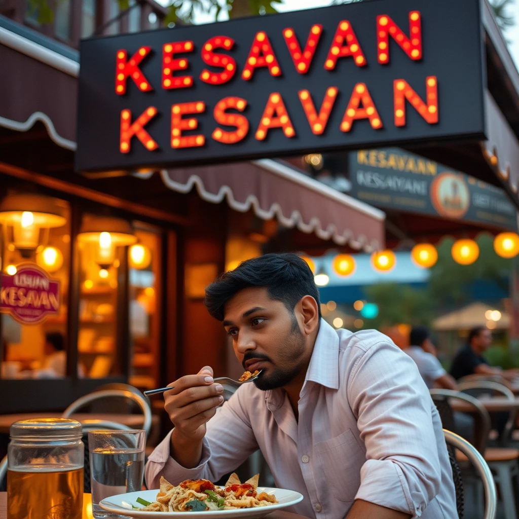 An Indian guy eating at a traditional aesthetic Indian restaurant with signage written "KESAVAN", bokeh, golden hour, outdoor.