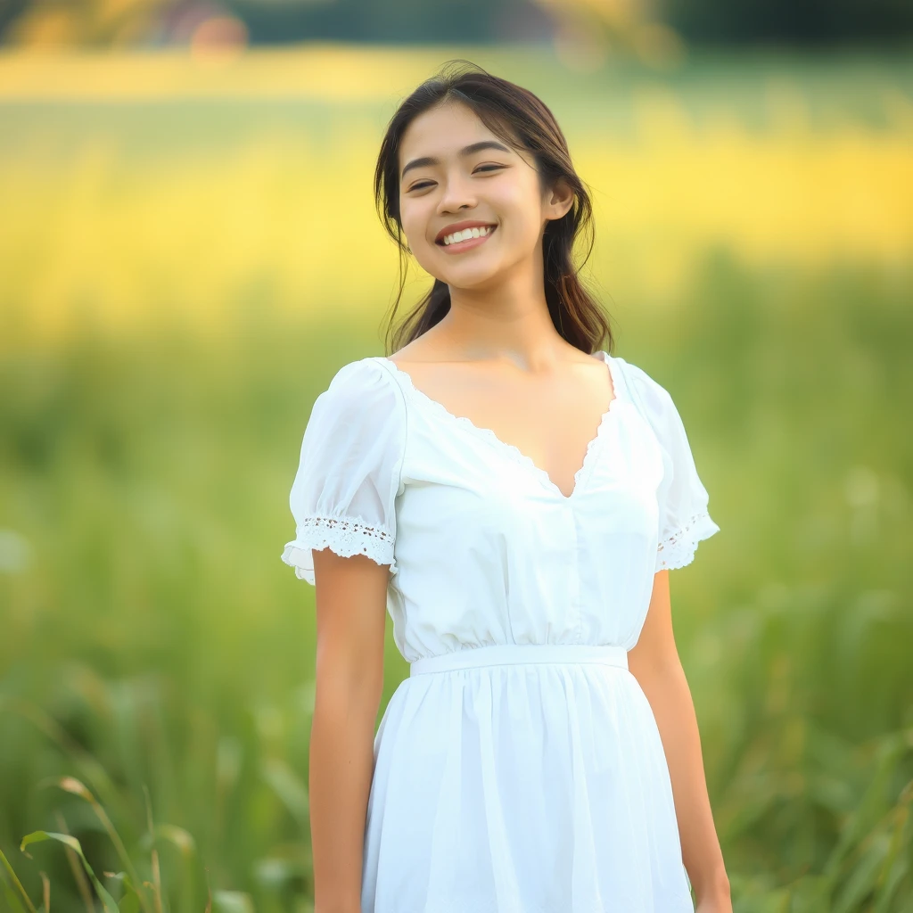 A serene, blissful scene of a young woman in a white dress. The scene feels authentic and unpolished. - Image