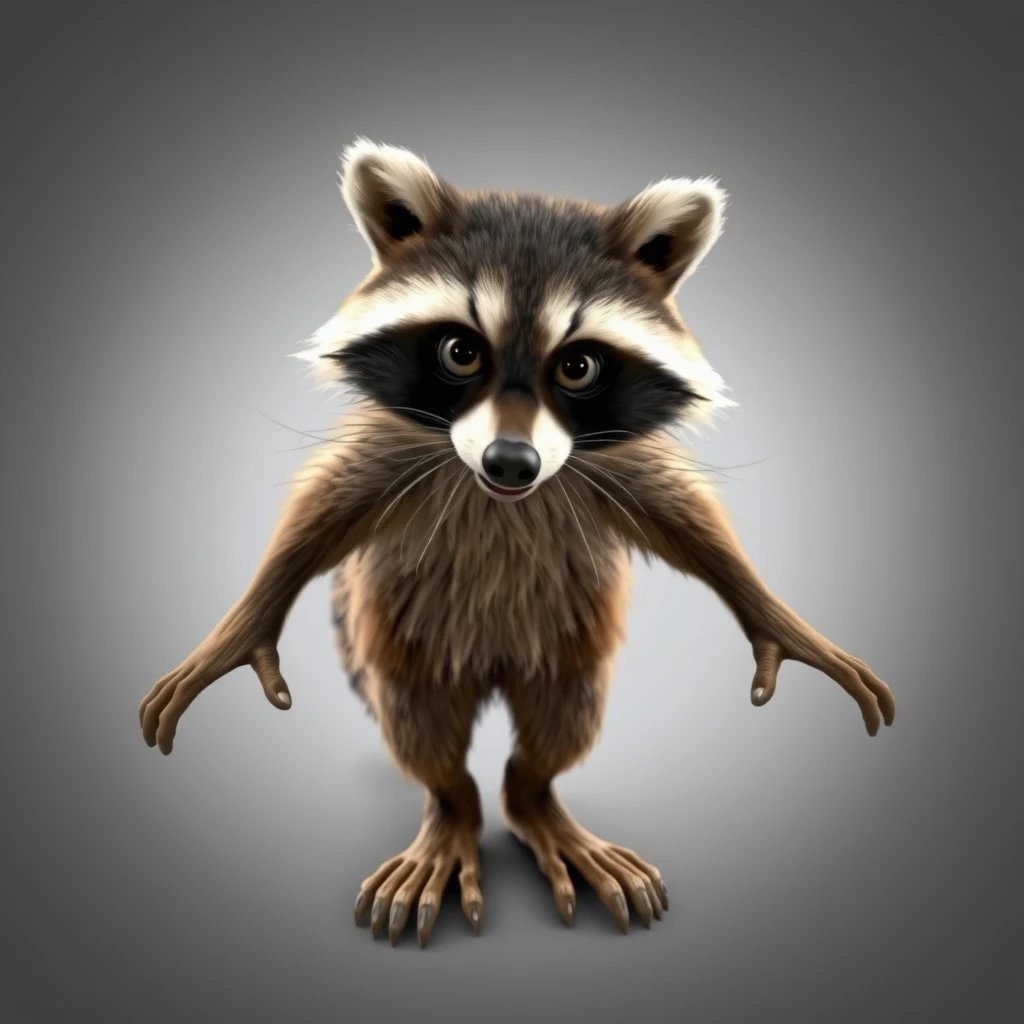 3D movie still of an anthropomorphic raccoon. He stretches while his slender toes go wild, spreading extremely wide sideways. - Image