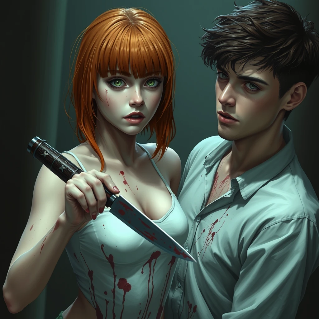 A horror scene; a short skinny teenage girl with long ginger hair and bangs, green eyes, and big breasts is cutting a tall young white brunette guy with dark eyes with a knife. Both of them are covered in blood.