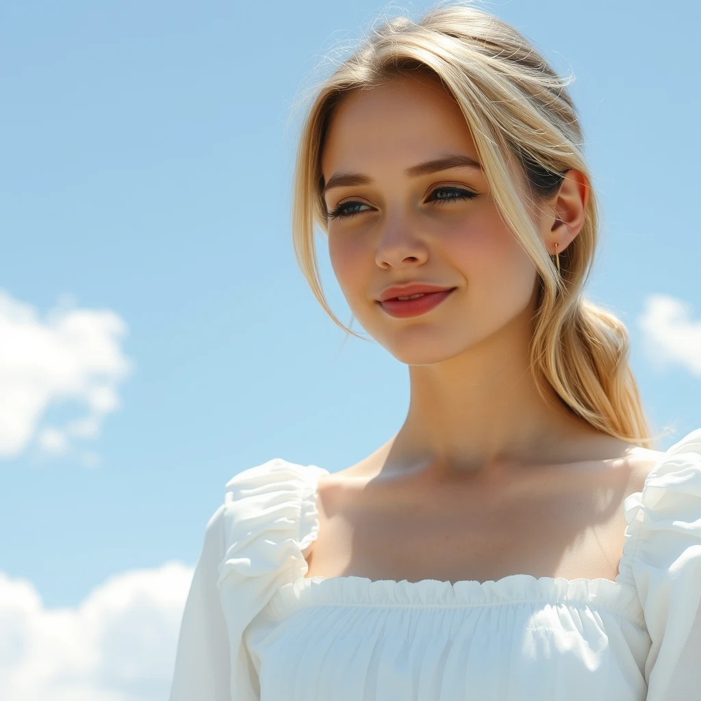 A serene, blissful scene of a young woman in a white dress. The scene feels real and unpolished, informal. The subject has natural beauty, authentic imperfections; counter to the plastic surgery so often seen. A few strands of light blonde frame the sides of her eyes. The fluffy clouds decorate the clear blue sky.