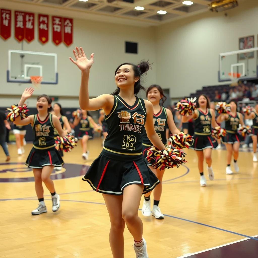 "On the basketball court, there are cheerleaders dancing, with Chinese characters or Japanese."