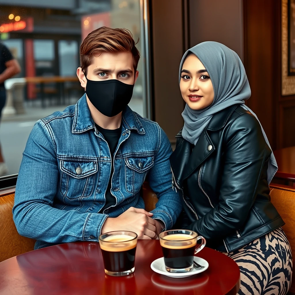 Jamie Dornan's head and body shot, handsome, face mask black, blue jeans jacket, jeans, dating with grey hijab Muslim girl, beautiful eyes, face mask black, black leather jacket, biggest tiger pattern skirt, at cafe, 2 cups of espresso on the table, photorealistic. - Image