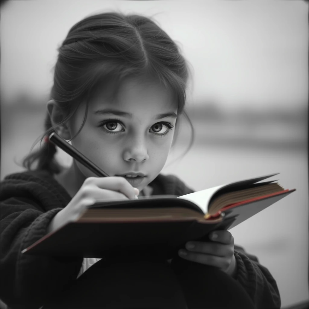 The girl writes with her eyes.