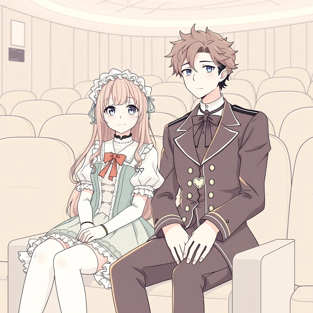 anime pure lineart, Beautiful girl dressed in Lolita costume and handsome tall boyfriend, sit in cinema.