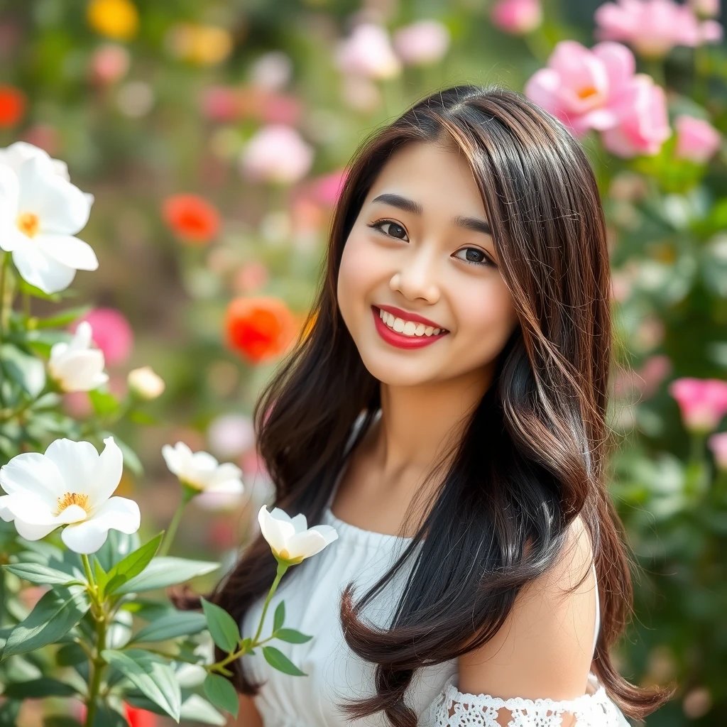 Photography, 1 Asian girl, fashion, white dress, smile, in garden, flower