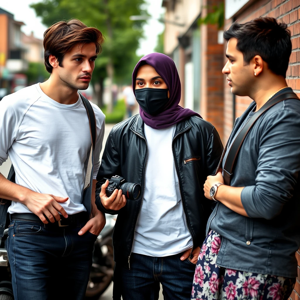 Jamie Dornan and Freddie Prinze, head and body shot, handsome, young, serious face, dark brown hair, white T-shirt, college jacket, skinny jeans, sneakers, standing, discussing with two guys with a short purple hijab Muslim girl, beautiful eyes, face mask black, black leather jacket, biggest floral skirt, holding a Canon DSLR camera, near town road, superbike, hyper-realistic, street photography, brick wall, full body photo.