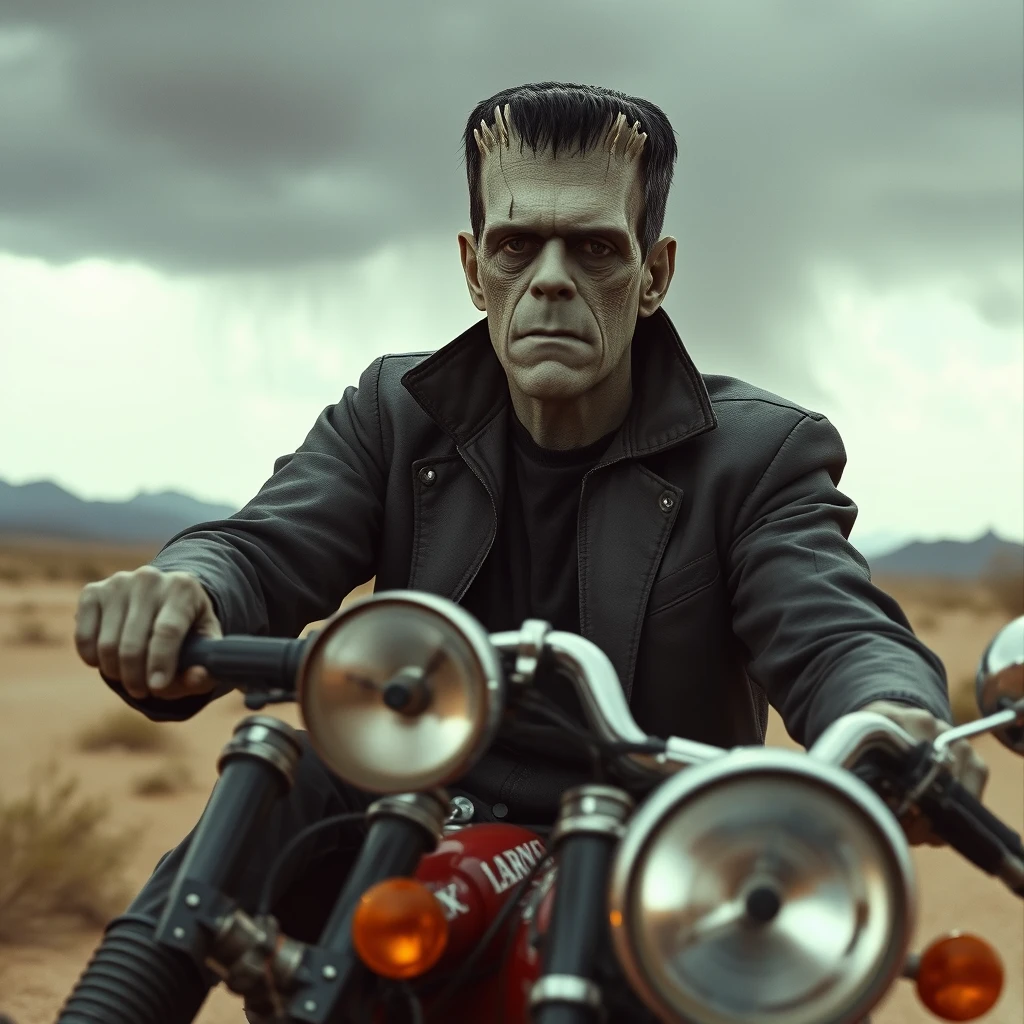 Boris Karloff as Frankenstein with short hair, riding his chopper, a storm is coming across the desert, photo-realistic, aggressive, 4k.