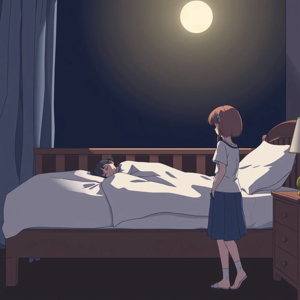 Side view of the bed where there is a woman sleeping on the bed while her daughter standing nearby is opening a drawer, dark night, moonlight, atmosphere, anime, outline.