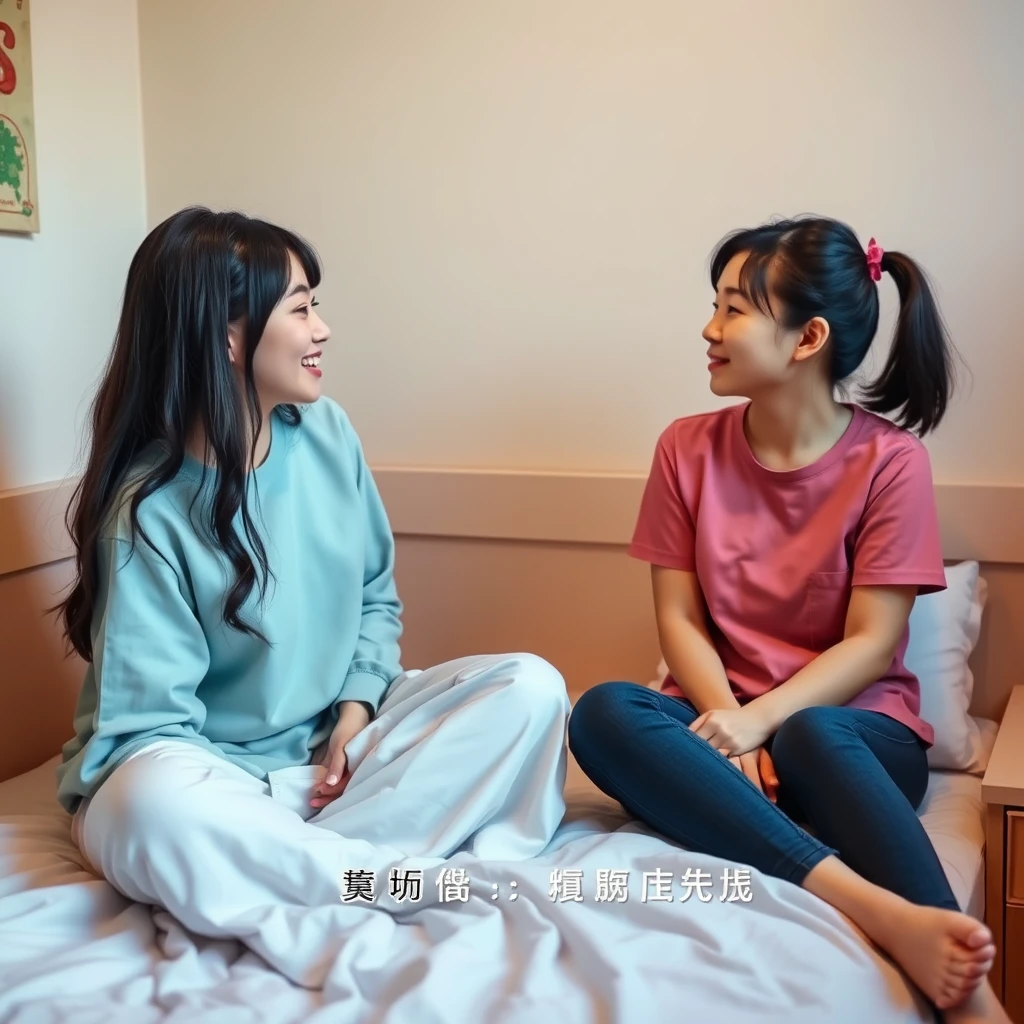 In the bedroom, an American female student and a Chinese female student are chatting, with Chinese characters.