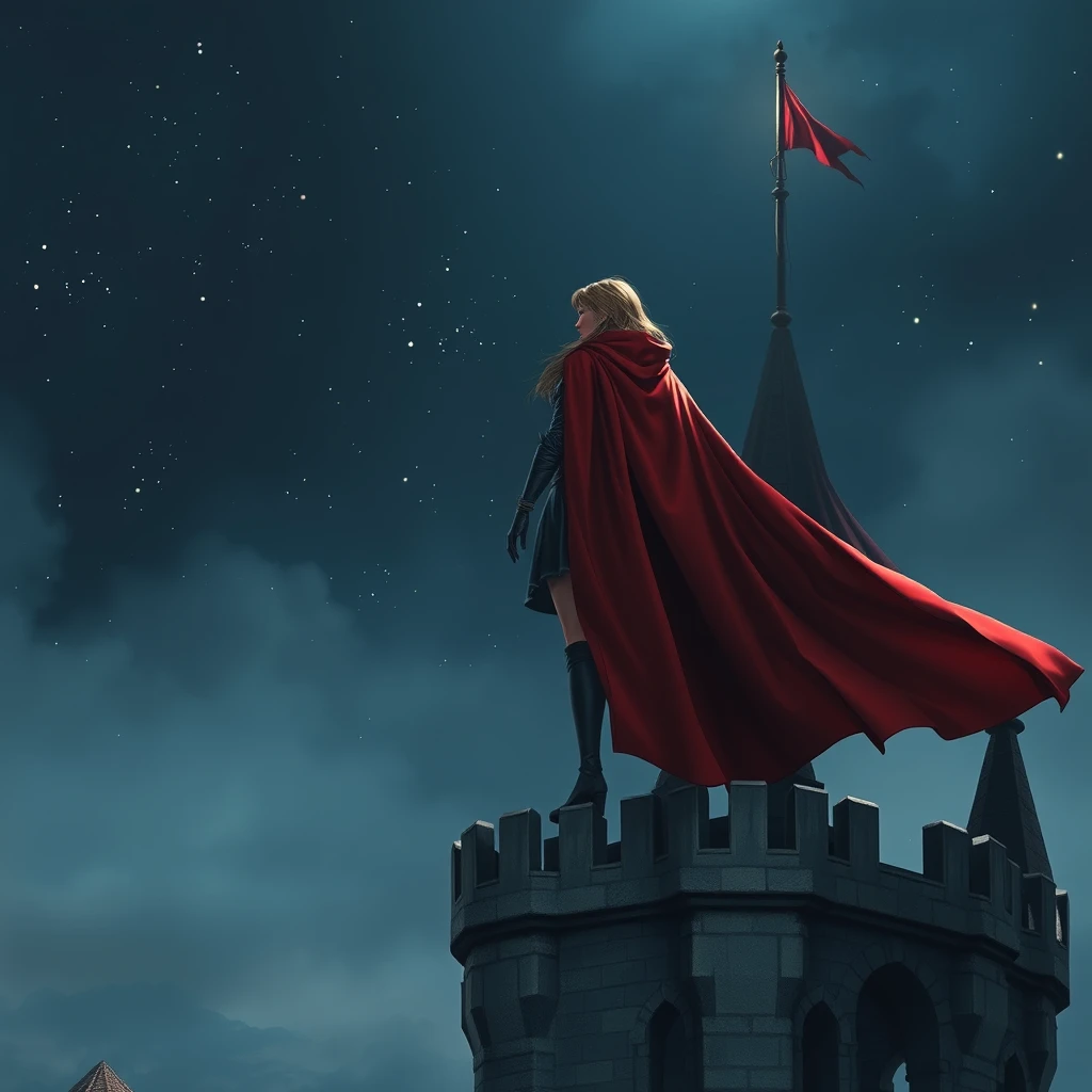 Photo realistic: Fantasy heroine with a red cape at night on a castle tower, starry sky.