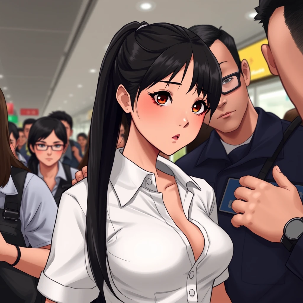 score_9, score_8_up, score_8, in a crowd, close up face, 1girl. Long black hair, ponytail hairstyle, black hair, petite, narrow waist, surprised, 1man, in security suit, groping another's breasts, shirt pulled up, small breasts, puffy nipples, in Mall, highly detailed.