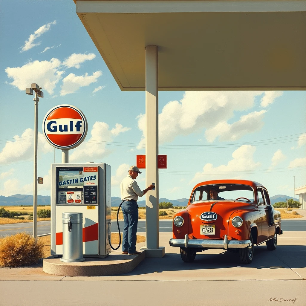 Getting gas at the Gulf gas station, as painted by Arthur Sarnoff, wide, landscape view.