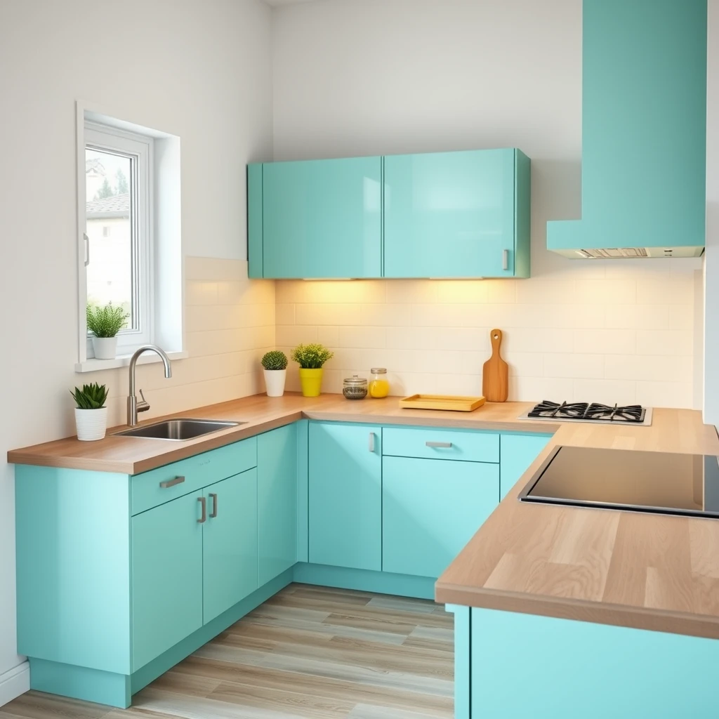 Minimalist and cheerful L-shaped kitchen platform with sink in one corner, window on one wall and cooktop next to another wall, with space-saving storage ideas in a fresh style and color palette, spacious enough for 3 people working together. - Image