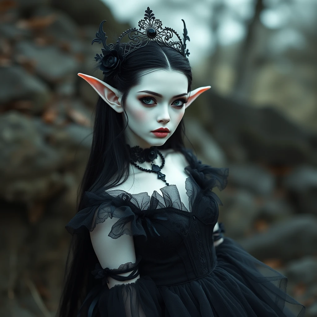 A beautiful, very pale white elf woman with black hair and long pointy ears wearing a vaporous black gothic tulle dress and gothic lolita headpiece.