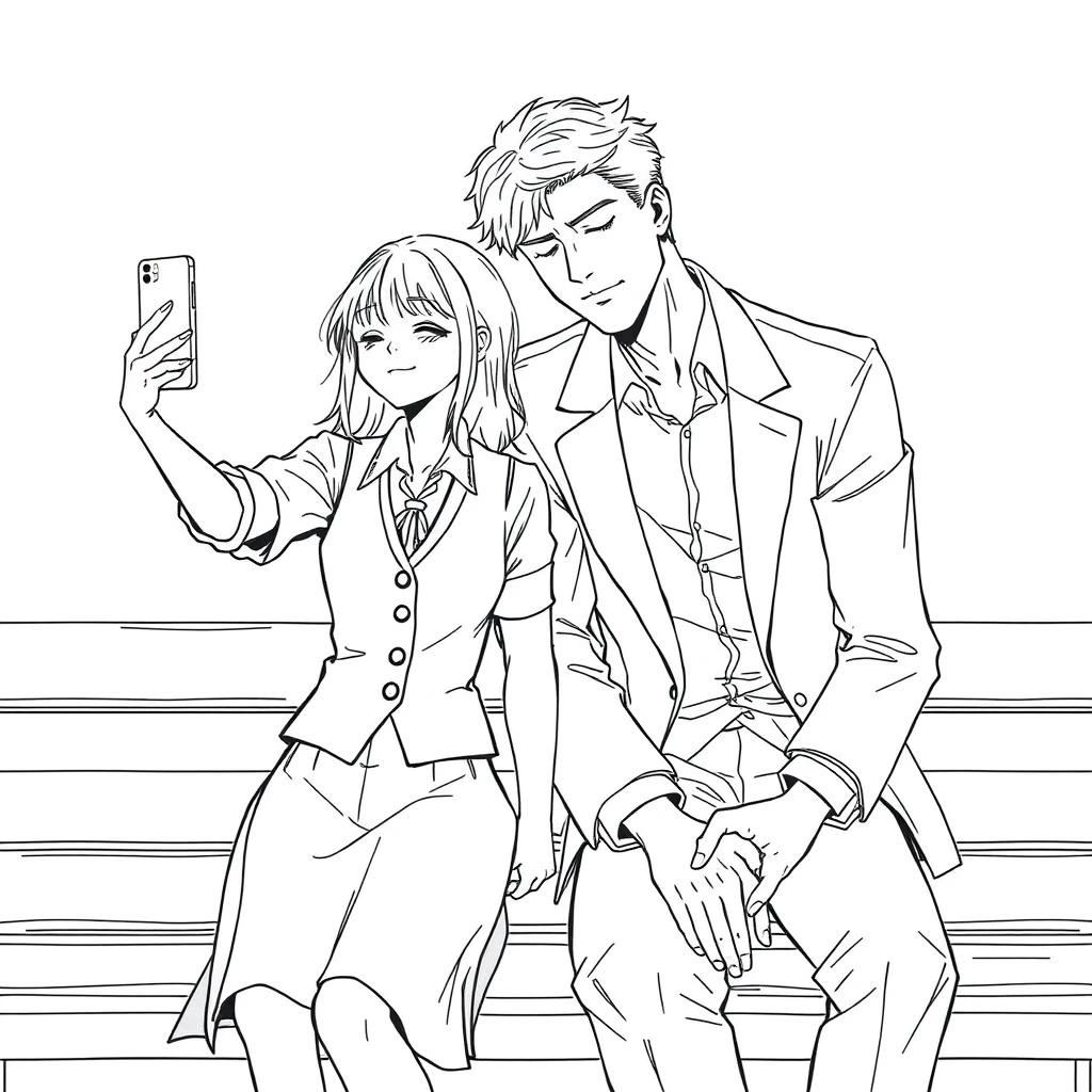 A girl in a shirt, vest, and skirt took a selfie with her phone. A tall and handsome boy leaned on her shoulder, wearing an open suit. He closed his eyes and was sleeping. They sat on a bench with their hands intertwined. Line art. - Image