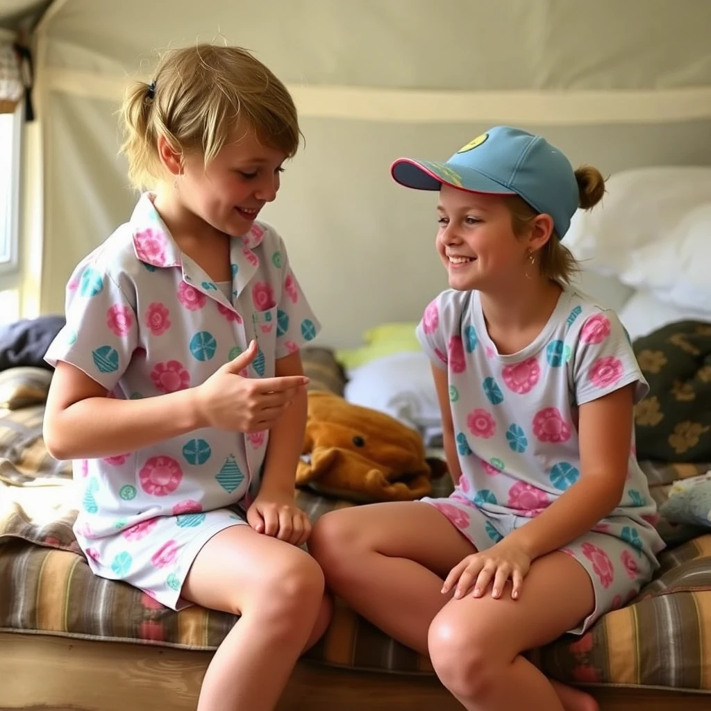 A summer camper wearing breezy pajamas points out all her most responsive parts to her cabinmate. - Image