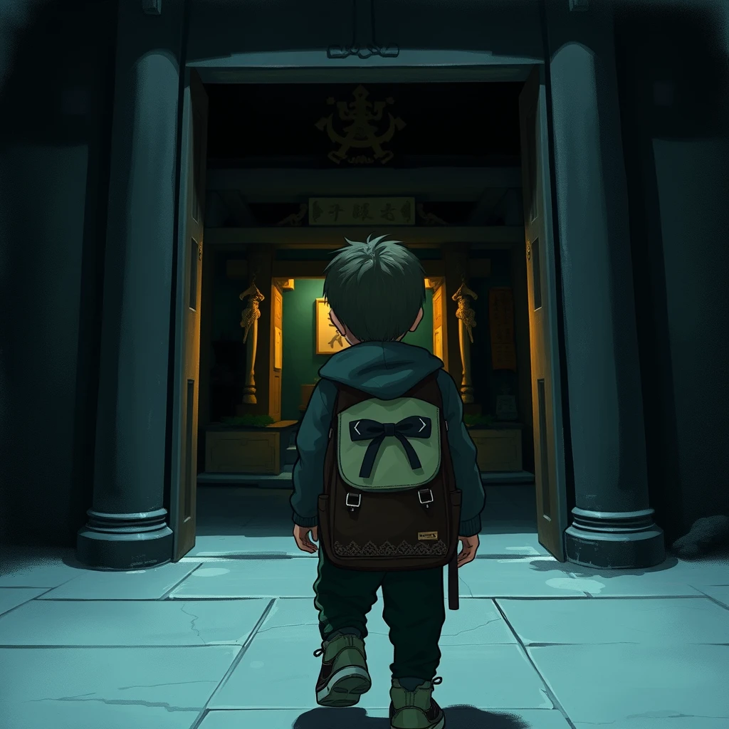 A boy with a backpack and jacket stepping into a shrine, indoors, dark surroundings, curious.