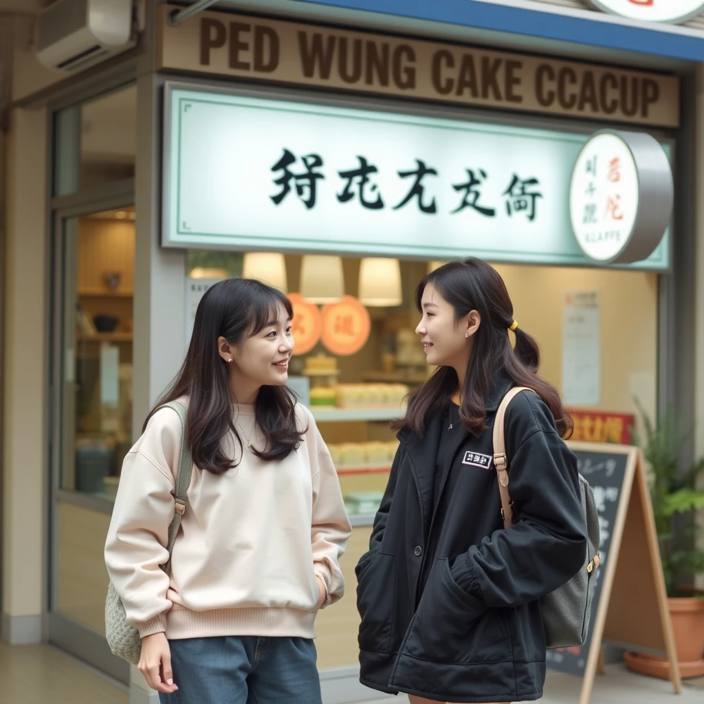 Two young women are chatting outside a cake shop. They are wearing socks, and there is a sign outside the restaurant with visible characters in Chinese or Japanese.