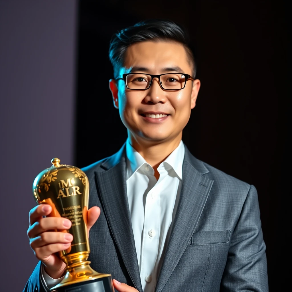 Use the person in the photo attached https://drive.google.com/file/d/1-XR9anURpPJtBQfF1jR5Va23DAu35aeV/view?usp=drivesdk Generate a realistic photo of a Chinese male insurance agent from AIA. 35 years old posing for his full body portrait photo In 2023 annual award presentation night receiving his MDRT recognition. - Image