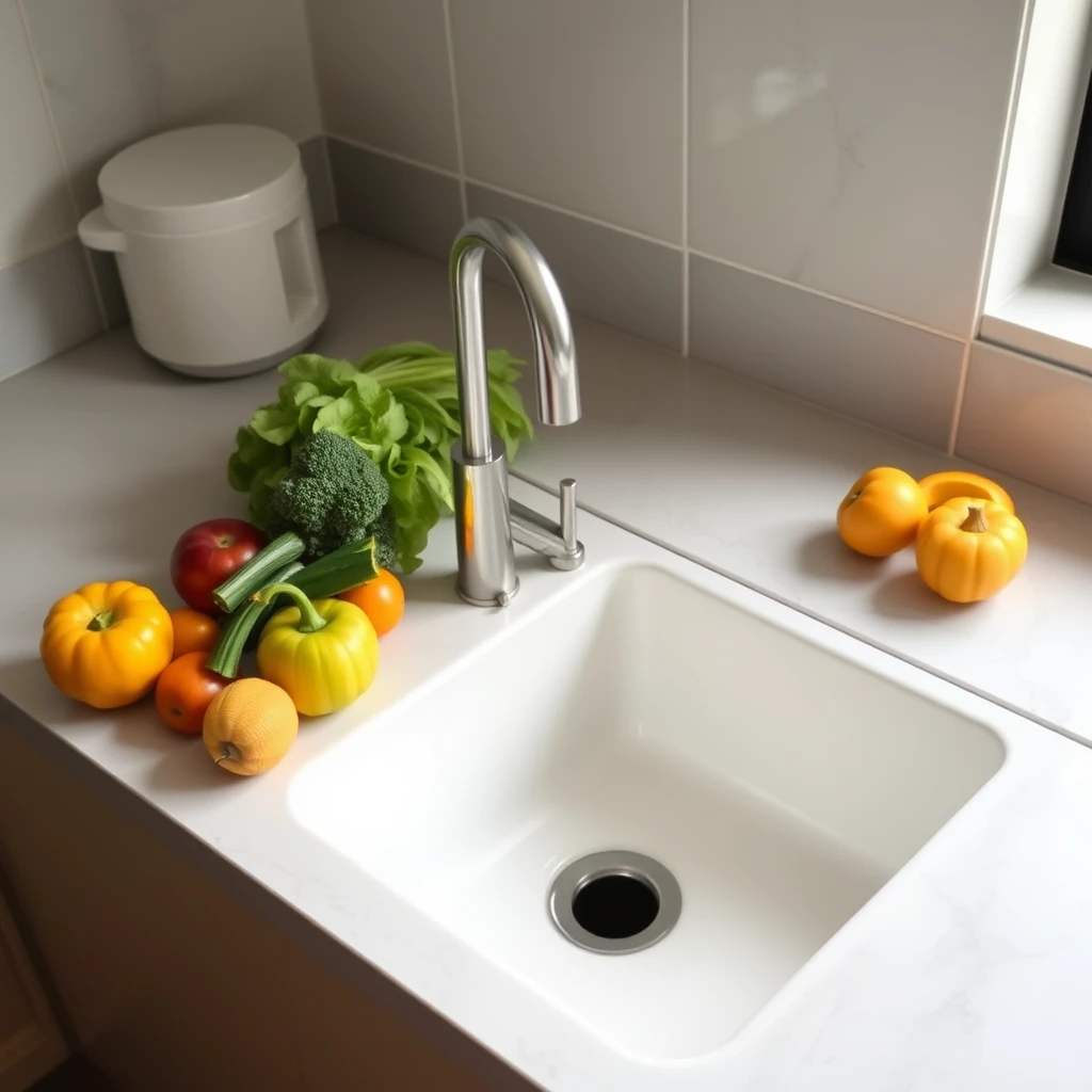 In a modern kitchen, there is a ceramic sink, beside which are placed preferred fruits and vegetables. The sink does not have a faucet.