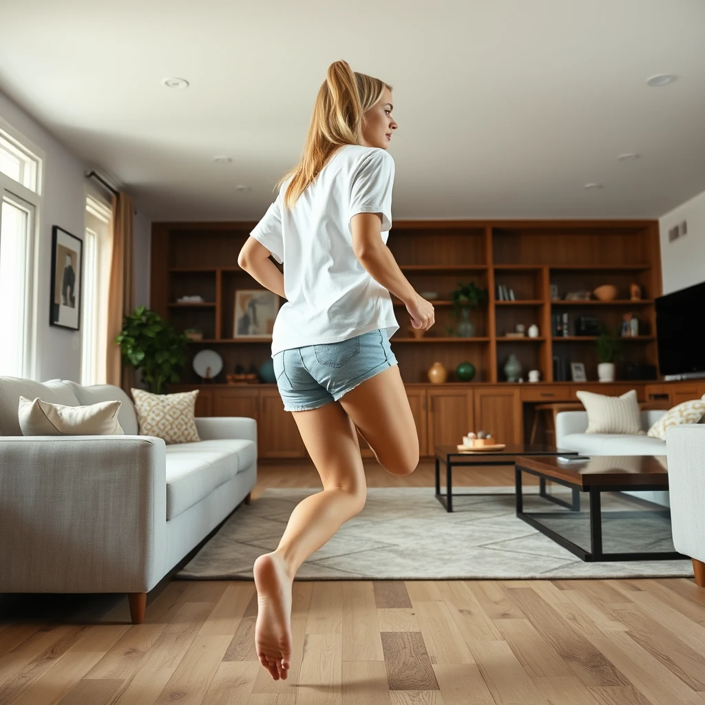 Side view of a young blonde skinny woman who lives alone is in her massive living room wearing a big white short sleeve polo shirt that looks a bit off balance on one of the shoulders and she is also wearing light blue cotton non-denim shorts and she is wearing no shoes or socks and she faces the camera while getting off her chair and running near the camera. - Image