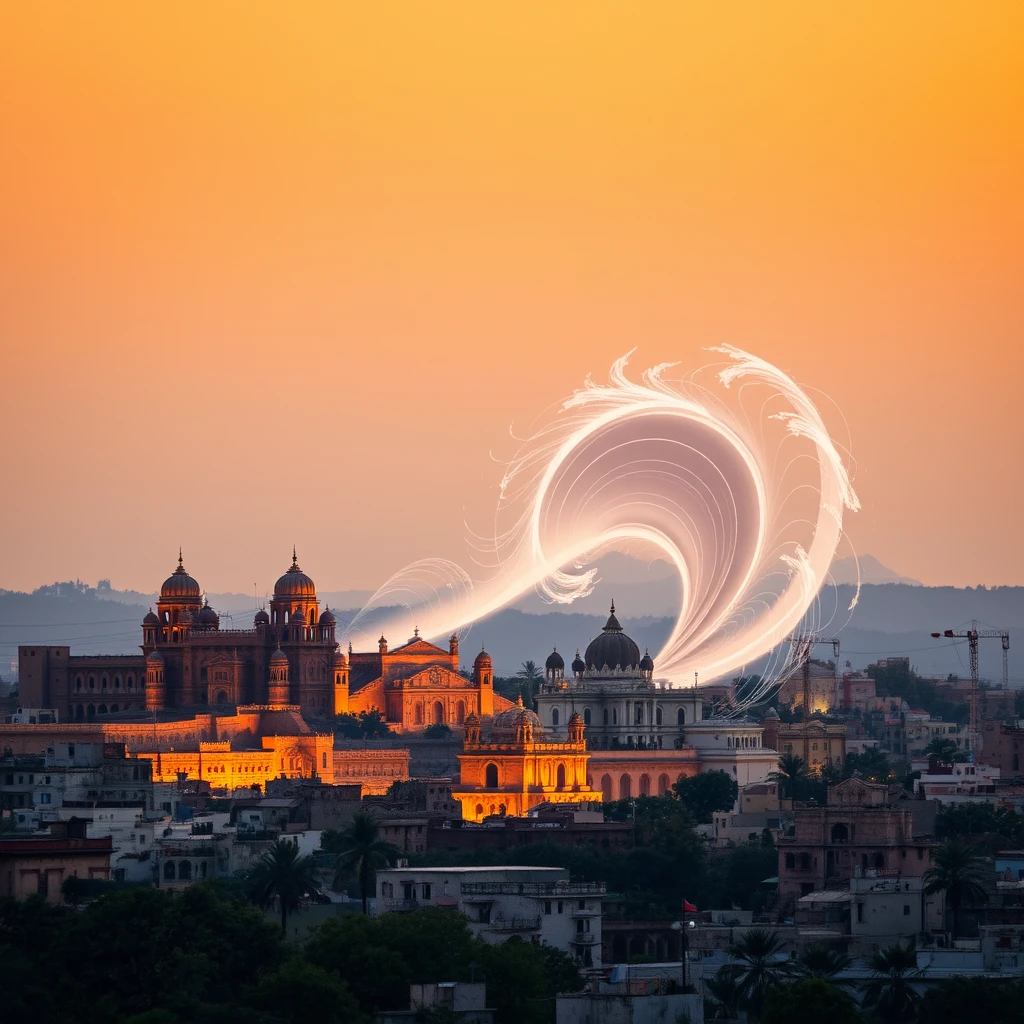 A photo of the Jodhpur skyline with a dramatic depiction of a sonic boom wave, emphasizing the surprise and mystery of the event. - Image