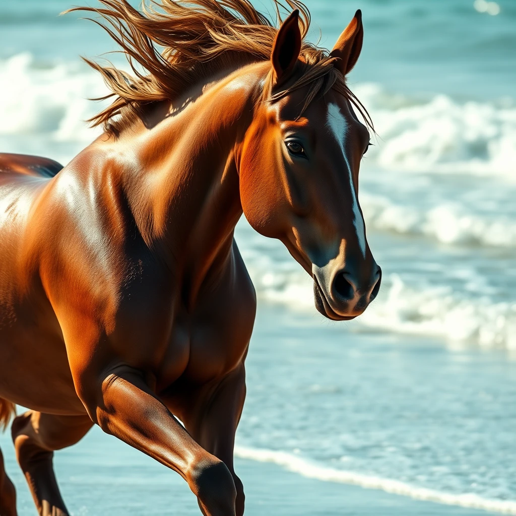 A horse running on the sand of the beach, toned muscles and skin shiny with sweat, his mane hair swaying in the wind and the waves crashing behind him. - Image