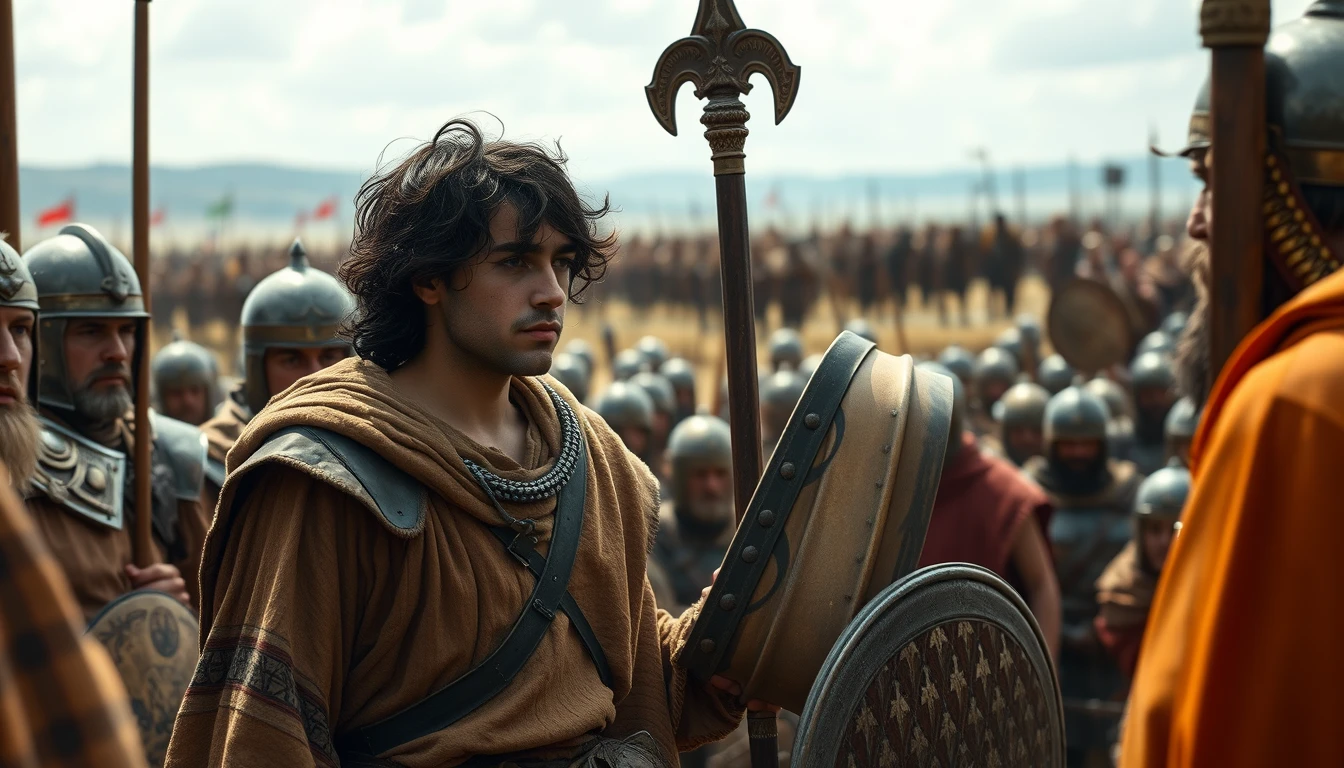 A young dark-haired shepherd named David is arguing with King Saul about fighting Goliath. King Saul is dressed in bronze-age soldier attire. Surrounding the two men are the Israelite soldiers. In the distant horizon, the Philistine army stands. - Image