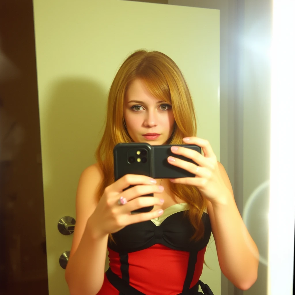 Phone photo: A woman in a cosplay stands in front of a mirror capturing a selfie. The image quality is grainy, with a slight blur softening the details. The lighting is dim, casting shadows that obscure her features. Her expression is casual while the old iPhone struggles to focus, giving the photo an authentic, unpolished feel. The mirror shows smudges and fingerprints, adding to the raw, everyday atmosphere of the scene. - Image