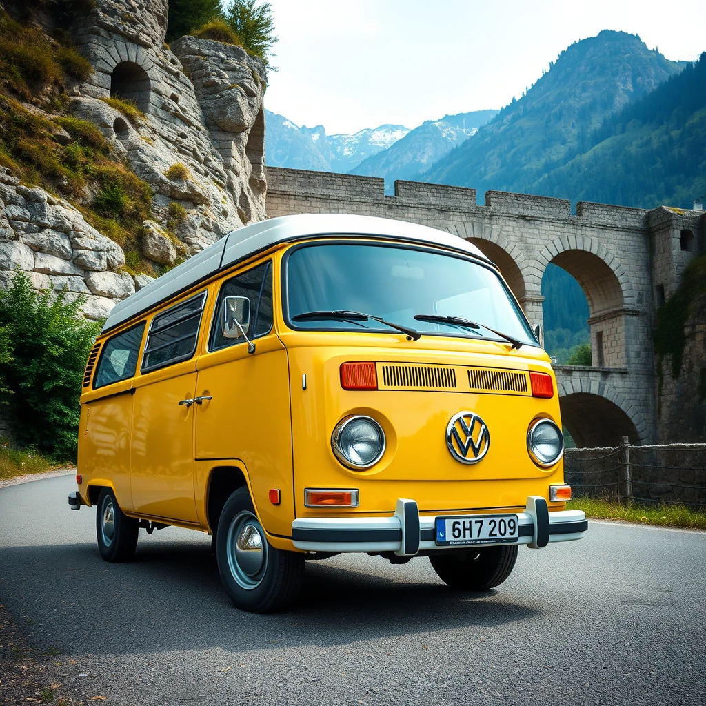 Photorealistic: Yellow VW Bus T5 in front of a Roman stone bridge in the French Alps. - Image