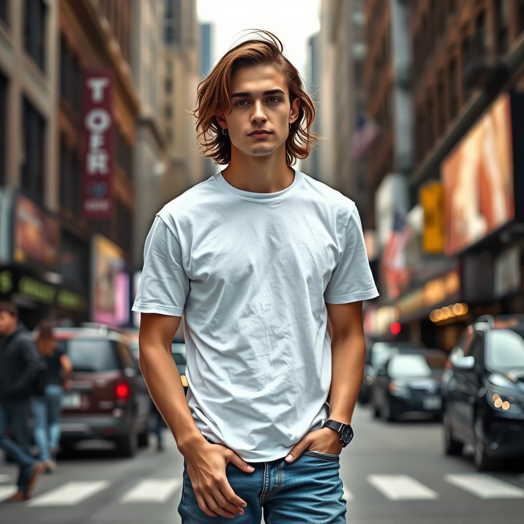 A picture of a male model, 30 years old, with brown hair, wearing a white t-shirt and blue jeans, in the middle of New York City. Shot on an iPhone, real human.