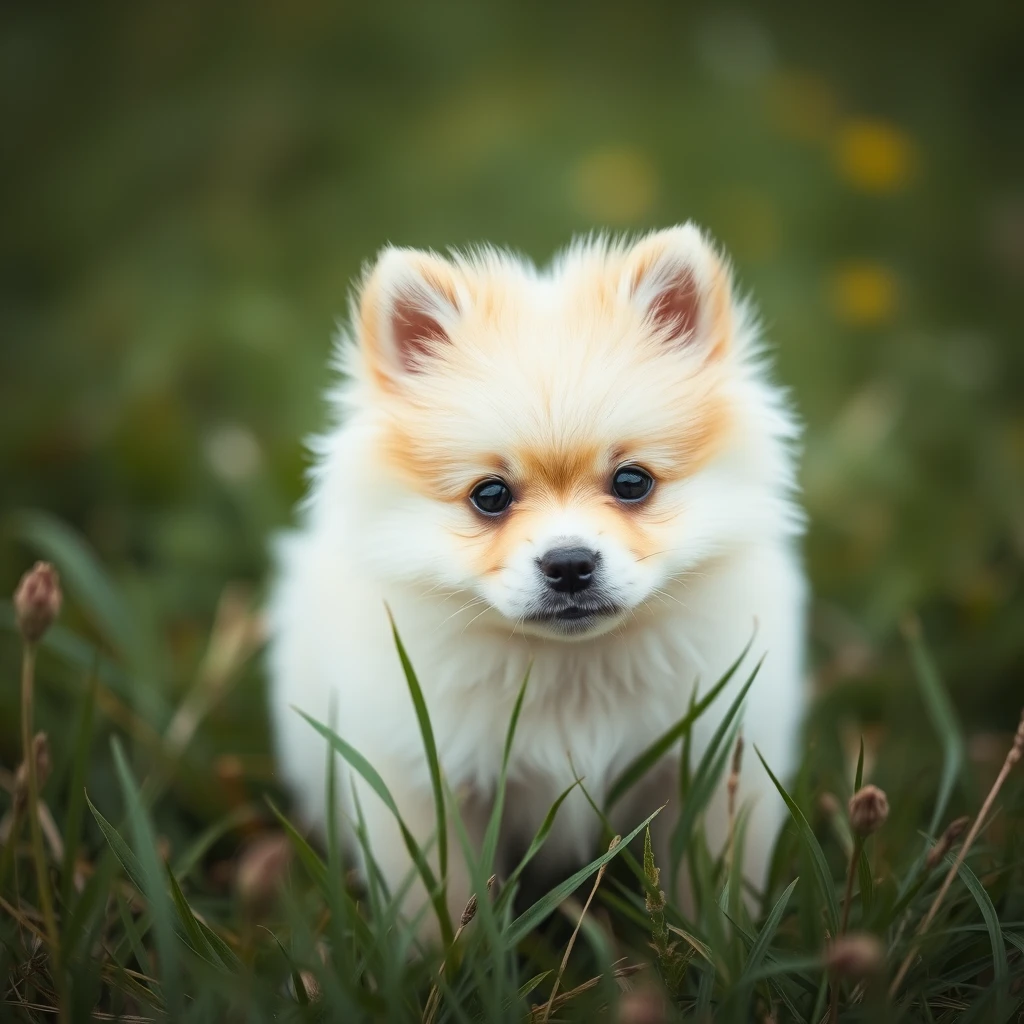 Portrait of a Pomeranian puppy in a field. - Image