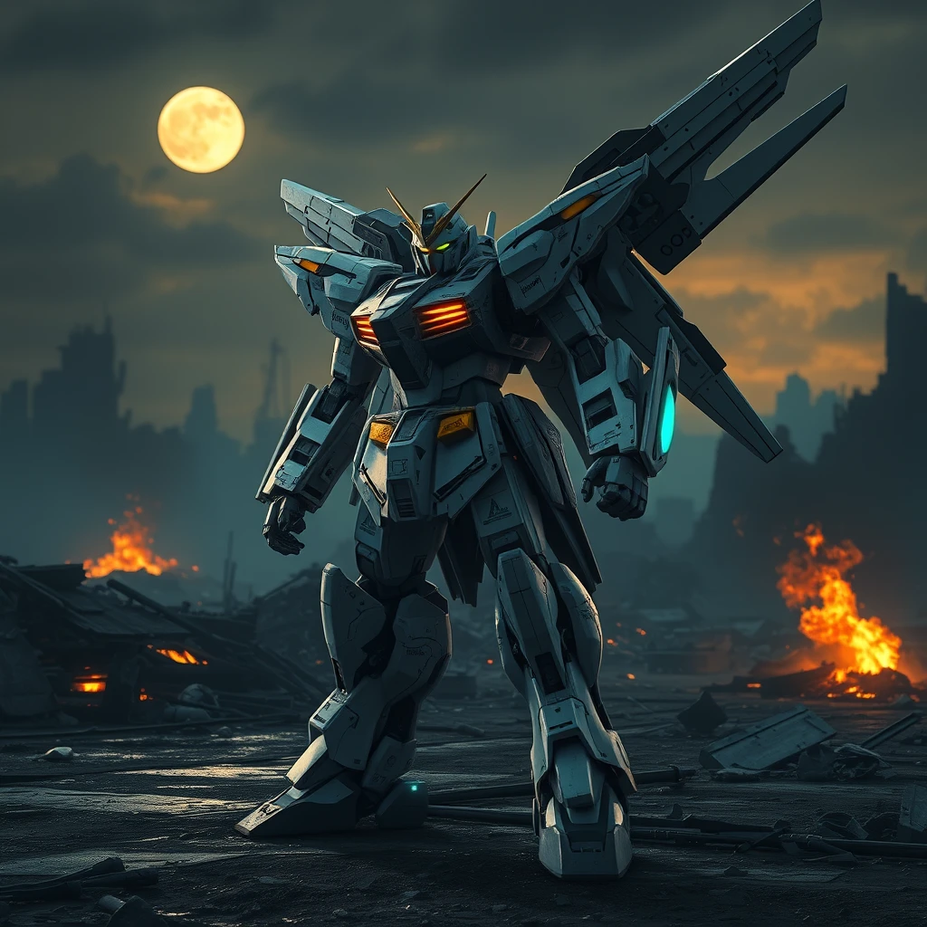 Hype realistic Gundam Wing mech standing in a dystopian battlefield, realistic reflections, battle damage on the Gundam, smoldering ruins, 8K, cinematic, dynamic camera angle, atmospheric lighting, dark and gritty, moonlight. - Image