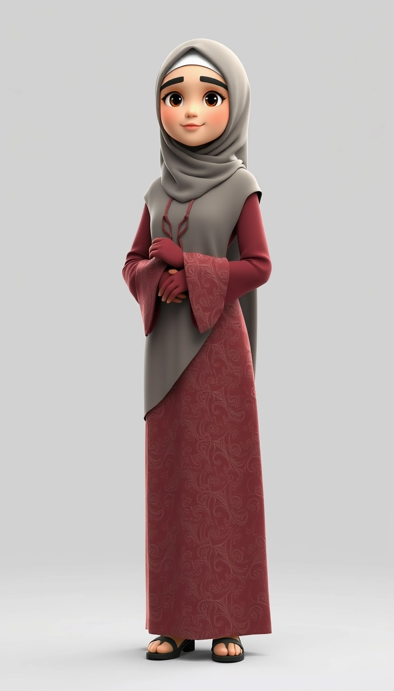 A 3D, 8k animated cartoon depiction of a Muslim woman from Palembang, wearing a traditional long songket and a long gown (gamis). She is adorned with a hijab that covers her chest and wears batik gloves covering her hands.