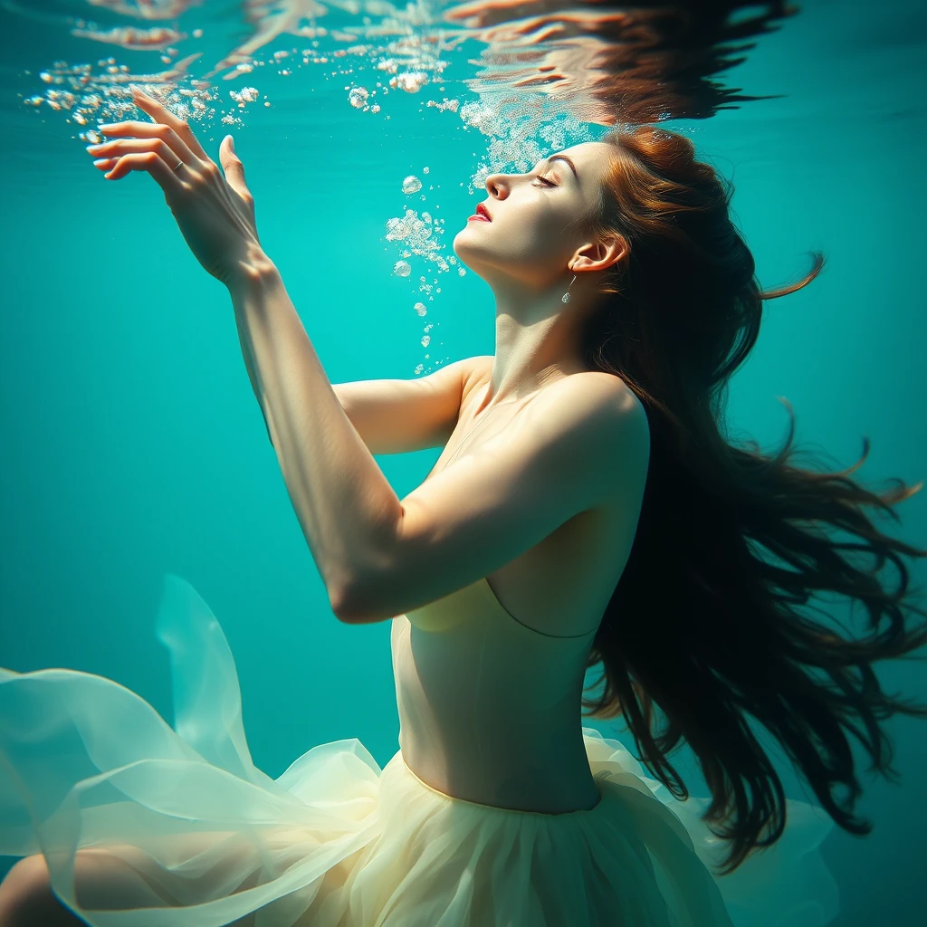 A young woman dancing underwater. Life and sensitivity. Perfection. Beauty. Attraction. Supple. Form. Curves. - Image