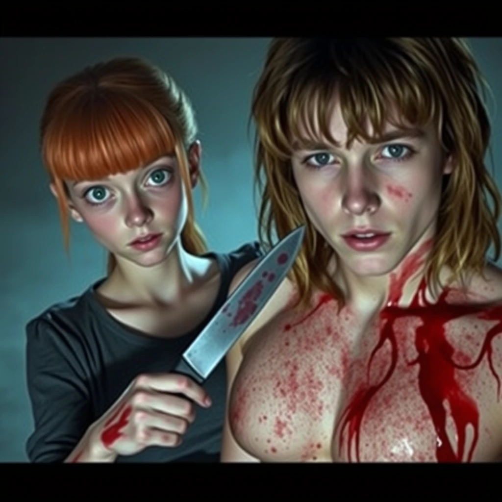 A horror scene with two people; a short, skinny teenage girl with long ginger hair and bangs, green eyes, and large breasts, using a knife to cut a tall young white guy with brunette hair and dark eyes, covered in blood.