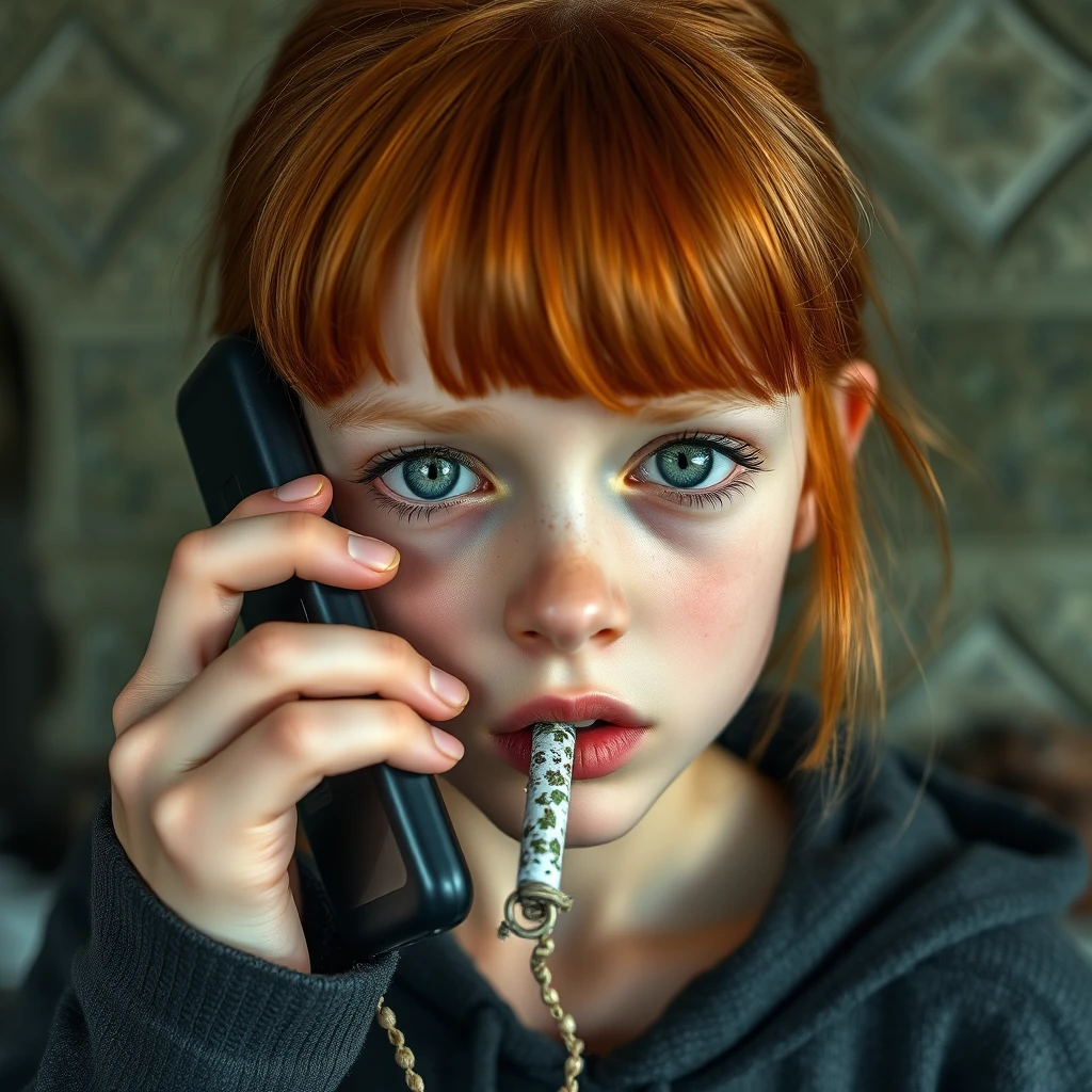 annoying redhead young girl, green eyes, short, eating disorder, eye bags, holding phone close to face, bloodshot eyes, smoking, poverty setting, holding noose in hand - Image