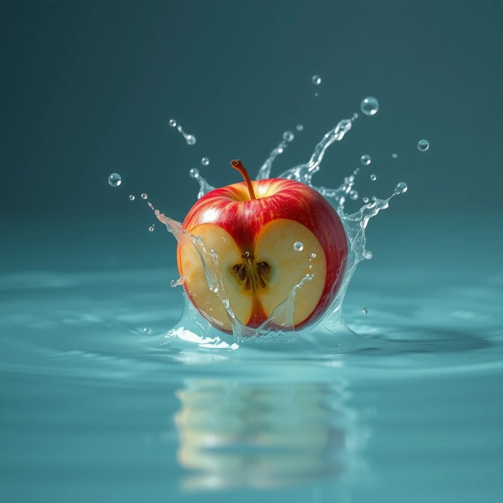 An apple fell into the water and splashed.