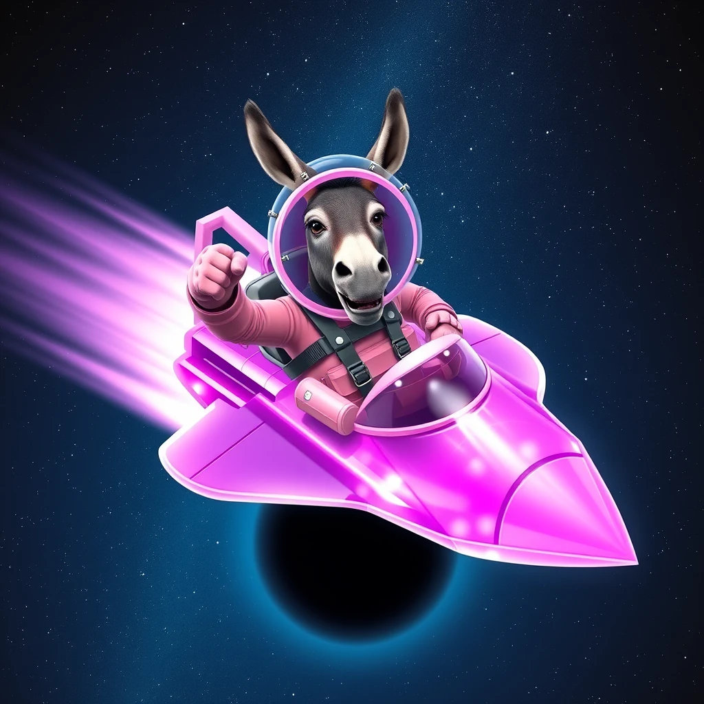 An ambitious donkey wearing pink astronaut costume, riding on a crystal light purple stunning spaceship, making a punching gesture, flying to the outerspace under a clear night sky with lots of shining stars, passing by a huge black-hole. Realistic style. - Image