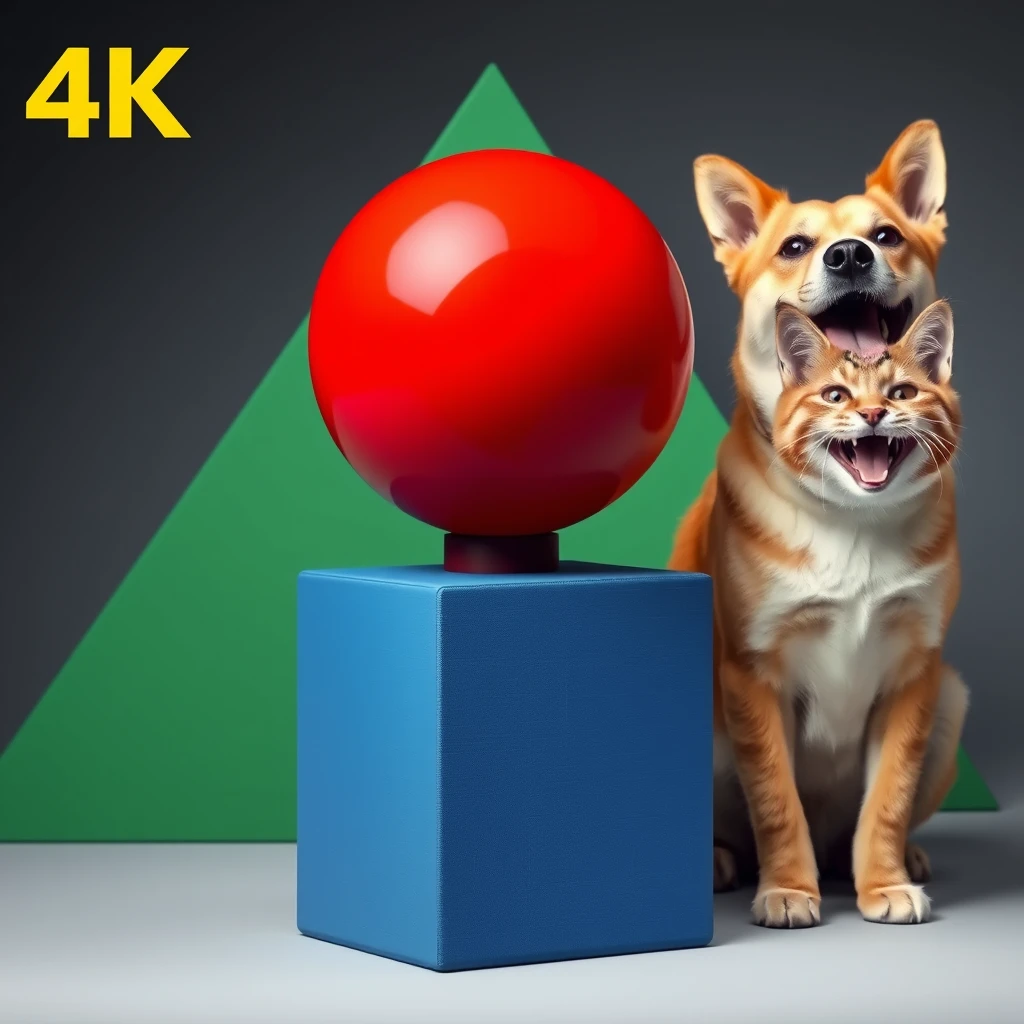 Photo of a red sphere on top of a blue cube. Behind them is a green triangle, on the right is a happy dog, on the left is a happy cat, 4K, hd, high detailed, realistic. - Image